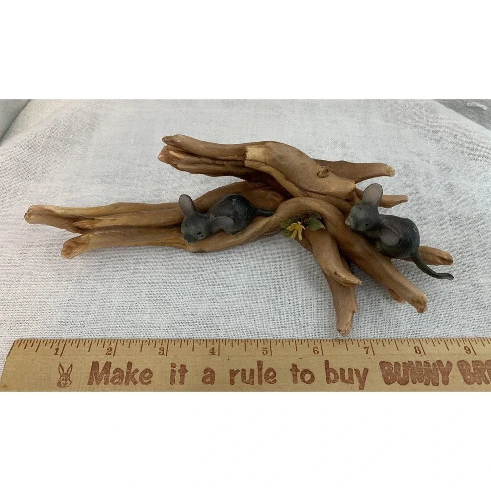 Sculpted Candle Two Mice on Logs in Forest Wax Vintage MCM Plastic Flower 9 inch